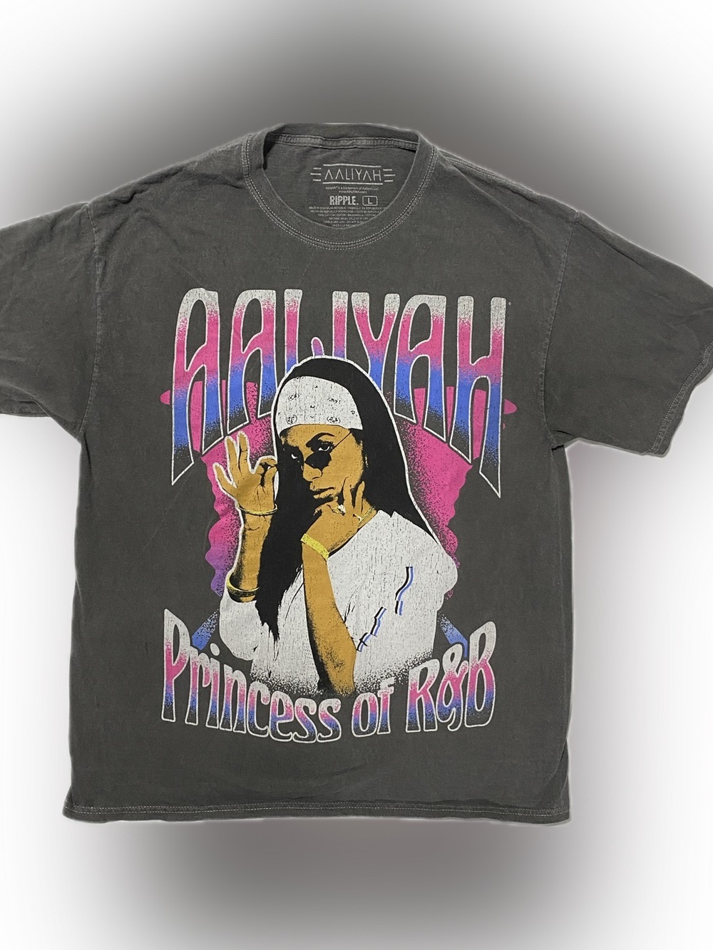 Aaliyah Princess of R&B Graphic Tee - Black with Pink & Purple Print